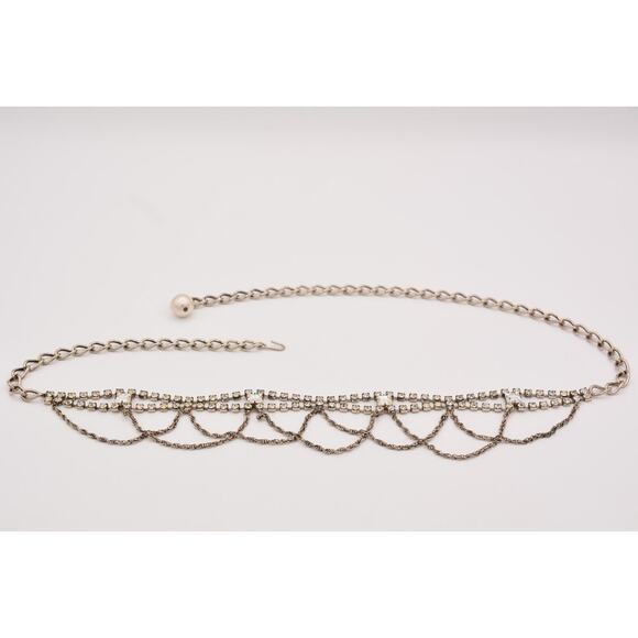 Vintage Statement Belt Rhinestone Crystal Prong Dangle Chain Silver Tone 20\